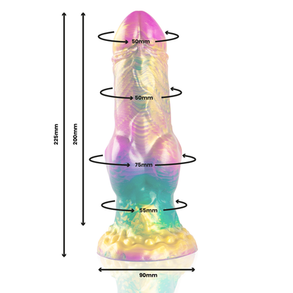 Dildo con testículos arcoíris de placer de la marca EPIC, diseño colorido y realista para uso íntimo.