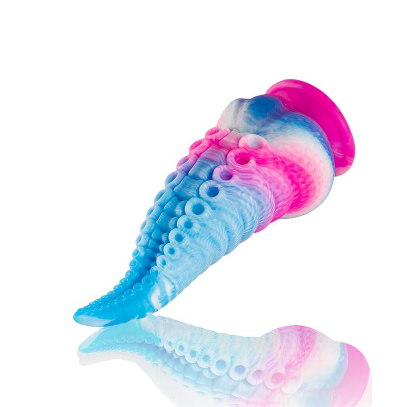 Dildo azul en forma de tentáculo pequeño de la marca EPIC, con detalles realistas y textura en color azul brillante.