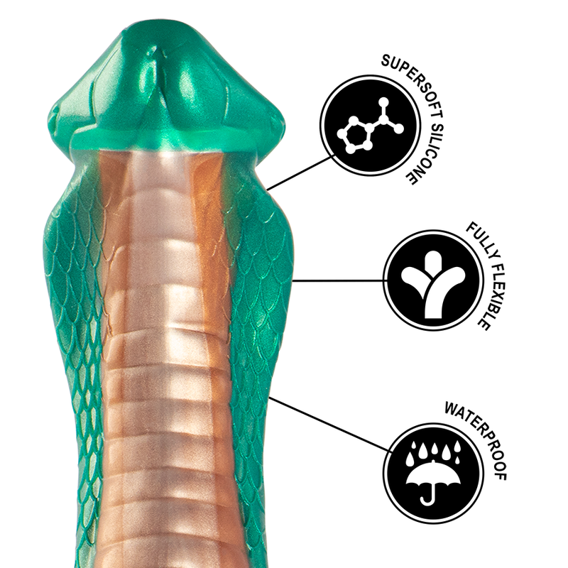 Dildo tipo cobra verde de la marca EPIC, con forma realista y textura detallada para uso íntimo.