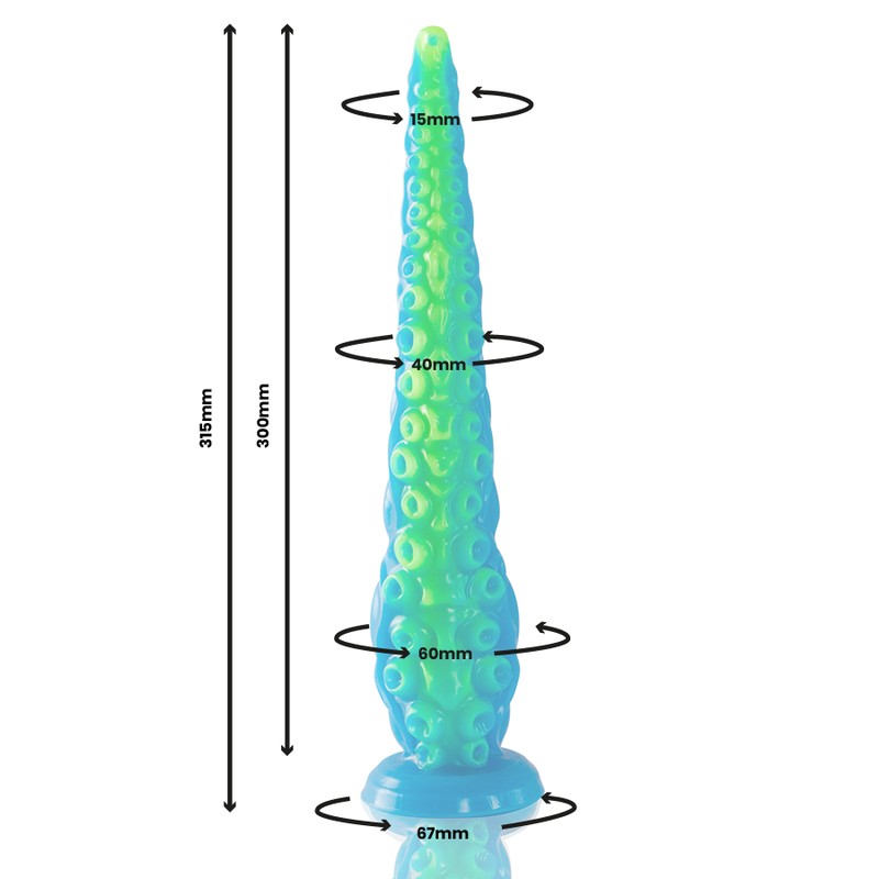 Dildo de tentáculo fluorescente grande de la marca EPIC, con diseño fino y detallado para uso erótico.