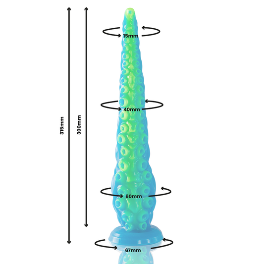 Dildo de tentáculo fluorescente grande de la marca EPIC, con diseño fino y detallado para uso erótico.