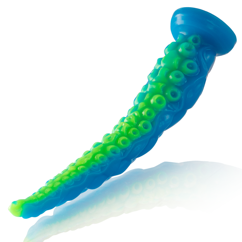 Dildo tentáculo fluorescente grande de la marca EPIC, con diseño fino y tentáculos para estimulación visual y táctil.