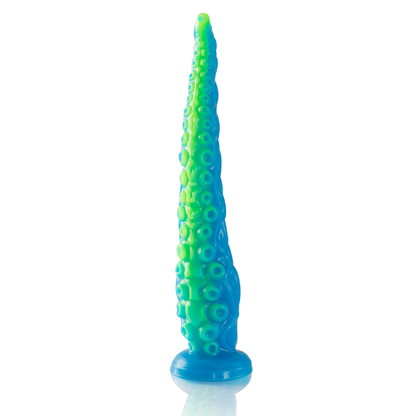 Dildo tentáculo fino fluorescente de gran tamaño de la marca EPIC, con diseño detallado y acabado brillante.