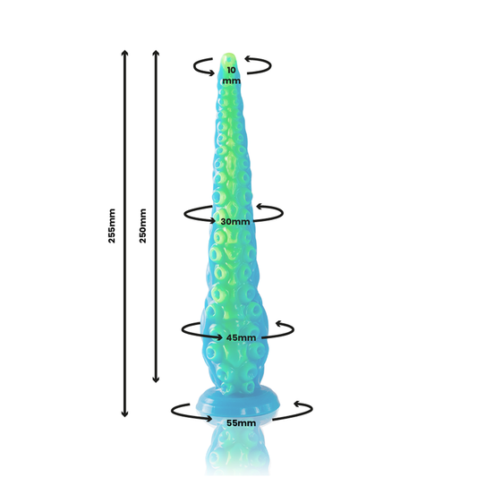 Dildo tentáculo finamente fluorescente de tamaño pequeño de la marca EPIC, con diseño tentacular y acabado brillante.