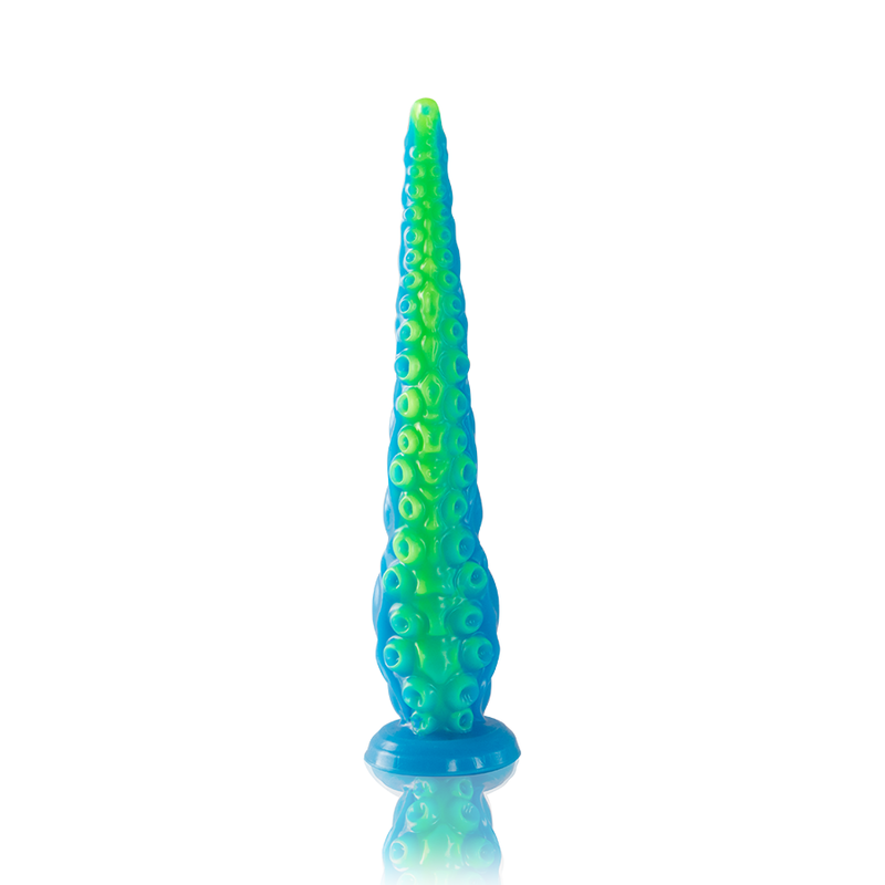 Dildo tentáculo fluorescente de tamaño pequeño de la marca EPIC, con diseño fino y detalles tentaculares para uso íntimo.