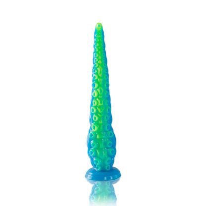 Dildo tentáculo fluorescente de tamaño pequeño de la marca EPIC, con diseño fino y detalles tentaculares para uso íntimo.