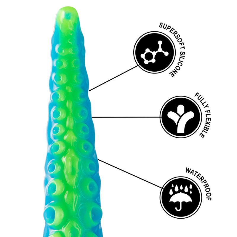 Dildo de tentáculo fino y fluorescente de tamaño pequeño de la marca EPIC, con diseño detallado y acabado brillante.