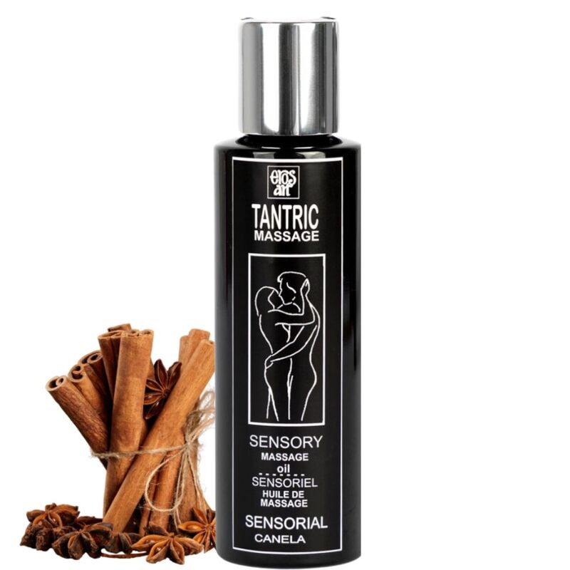 Aceite de masaje tántrico natural EROS-ART con aroma a canela, frasco de 100 ml para sensuales momentos íntimos.