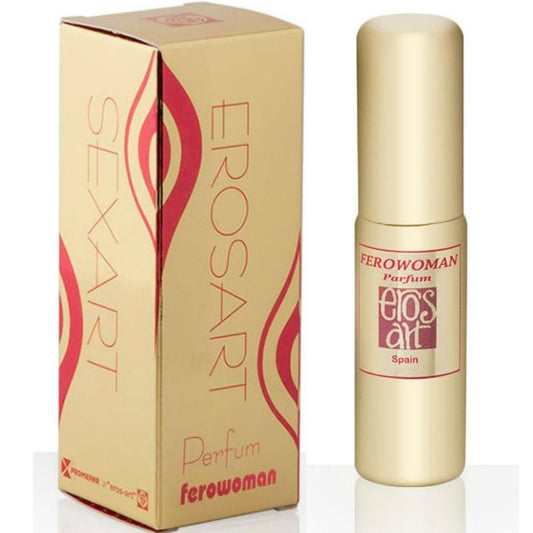 Perfume EROS-ART FeroWoman con feromonas para mujer en envase de 20 ml, frasco elegante y compacto.