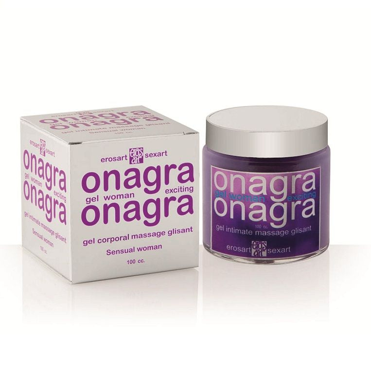 Gel onagra EROS-ART para mujer, potenciador del orgasmo, frasco de 100 cc, presenta una textura ligera y color transparente.