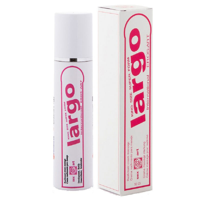 Crema EROS-ART LARGO para alargamiento de pene en envase de 50 ml, con frasco y aplicador, en un fondo neutro.