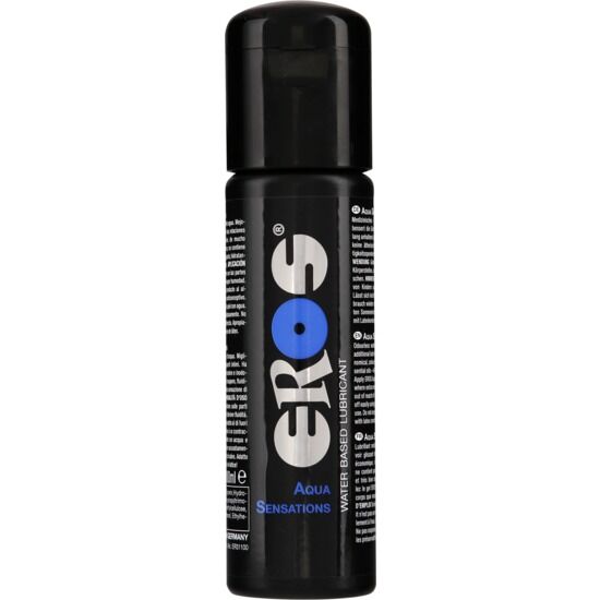 EROS Aqua Sensations water-based lubricant in a 100ml bottle with a sleek design and vibrant blue label.