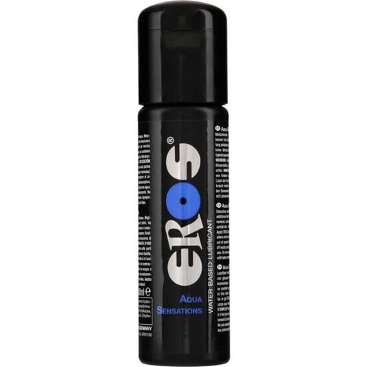 EROS Aqua Sensations water-based lubricant in a 100ml bottle with a sleek design and vibrant blue label.