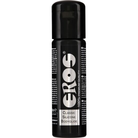 100ml bottle of EROS CLASSIC LINE silicone body glide with a sleek design and a clear label on a neutral background.