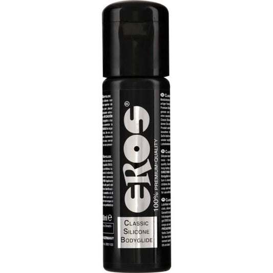 100ml bottle of EROS CLASSIC LINE silicone body glide with a sleek design and a clear label on a neutral background.