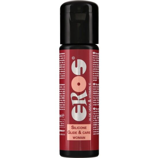 EROS CLASSIC LINE silicone-based lubricant for women in a 100 ml bottle, showcasing sleek packaging and clear liquid.