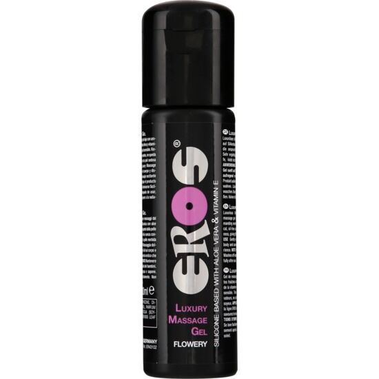 EROS Classic Line luxury massage gel in a floral design, 100 ml bottle with a sleek, elegant appearance.