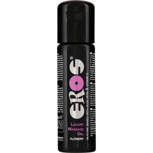 EROS Classic Line luxury massage gel in a floral design, 100 ml bottle with a sleek, elegant appearance.