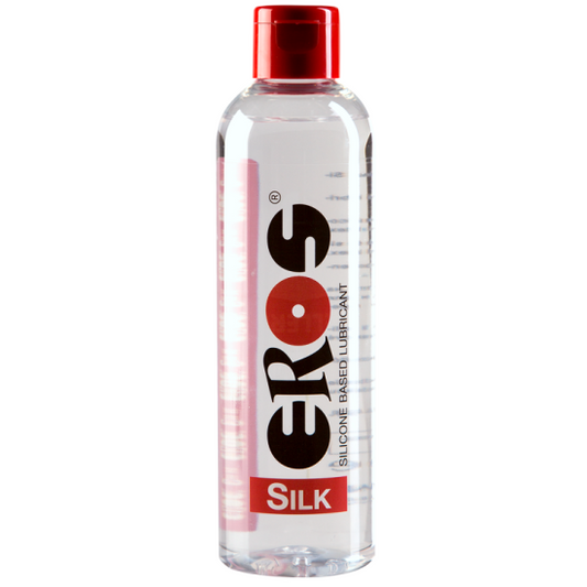 Lubricante de silicona médico EROS SILK de 100 ml en envase, ideal para uso íntimo con textura suave y sedosa.
