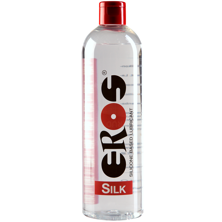 Lubricante de silicona médico EROS Silk de 250 ml, frasco con etiqueta blanca y tapa negra, para uso íntimo y profesional