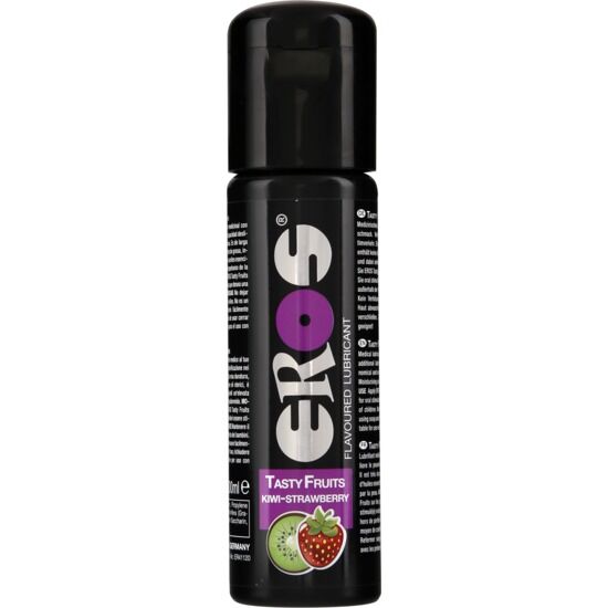 EROS Tasty Fruits lubricant in a 100 ml bottle, featuring a vibrant label with strawberry and kiwi illustrations.