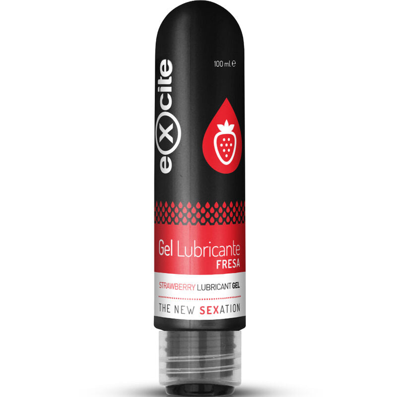 Gel lubricante excitante de fresa de la marca EXCITE en envase de 100 ml, con textura suave y aroma a fresa.