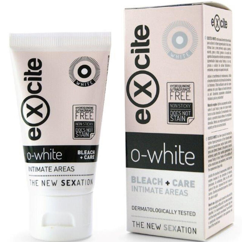 Blanqueador EXCITE O White para áreas íntimas en envase de 50 ml, con fórmula suave y cuidado especial para la piel.