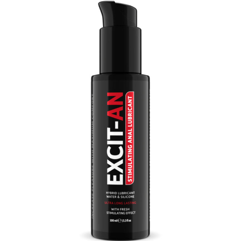Lubricante híbrido de silicona y agua Luxuria EXCITE, envase de 100 ml con frascos y etiqueta visible.