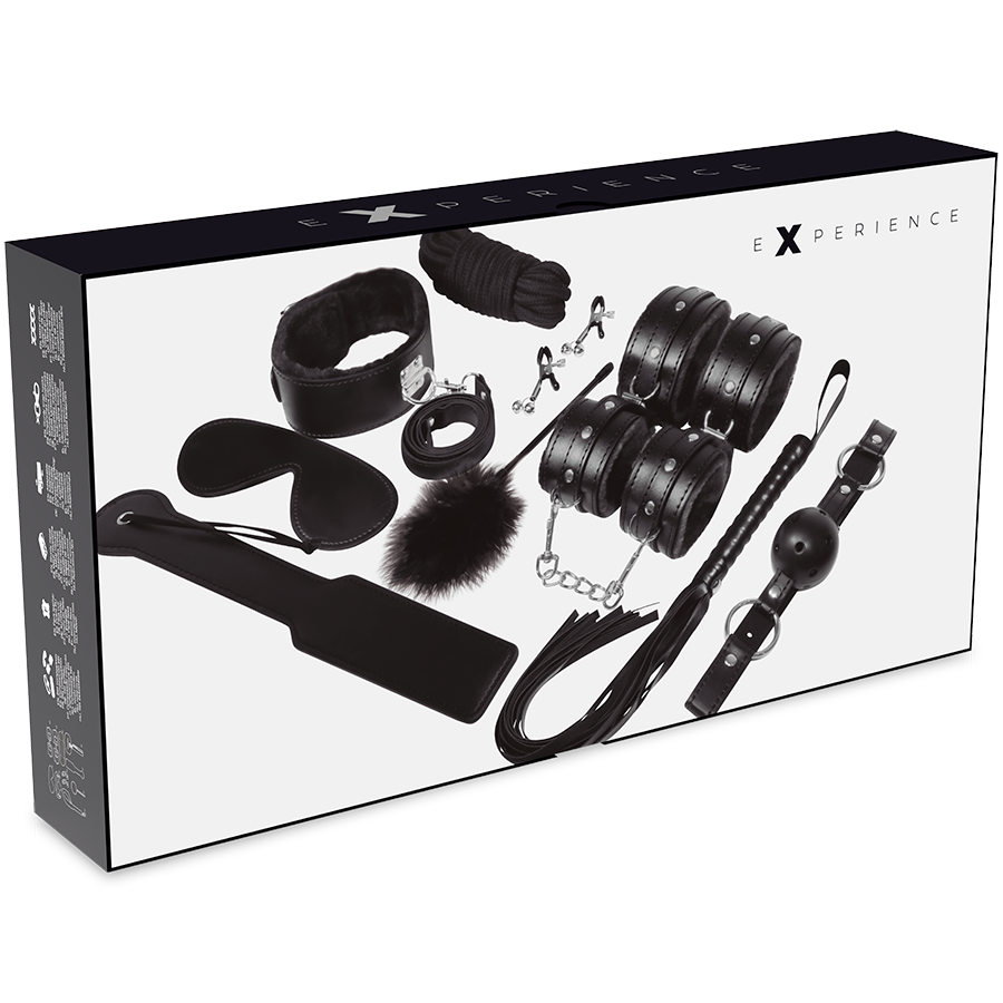 Kit de fetiches BDSM de la serie Black de EXPERIENCE, con esposas, látigo y accesorios para juegos eróticos y restricción.