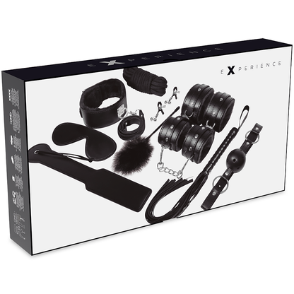 Kit de fetiches BDSM de la serie Black de EXPERIENCE, con esposas, látigo y accesorios para juegos eróticos y restricción.