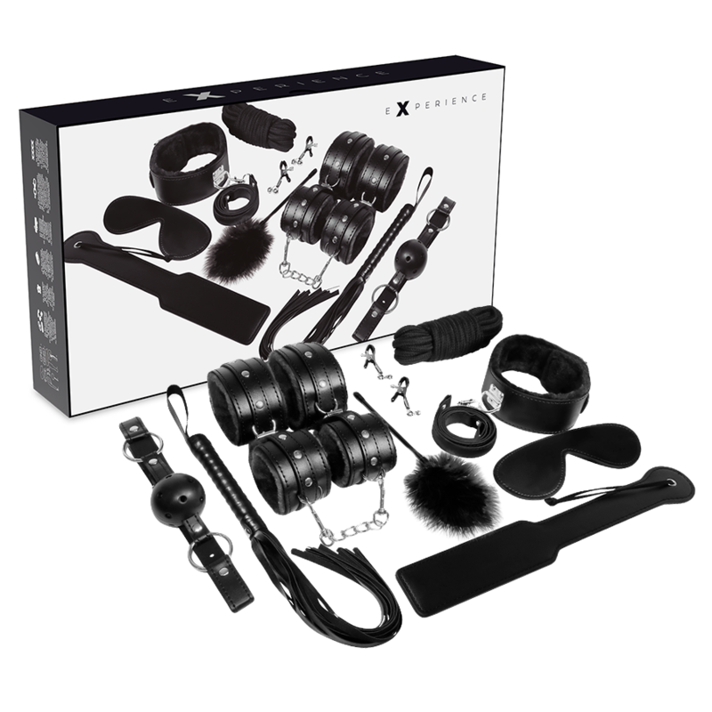 Kit de fetiches BDSM de la serie Black de la marca EXPERIENCE, con esposas, máscara y accesorios para juegos eróticos.