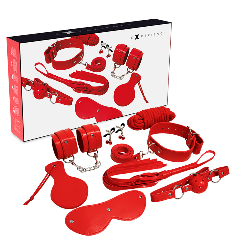 Kit de fetiche BDSM de la serie RED de EXPERIENCE, con accesorios de cuero y cuerda para juegos eróticos y restricción.