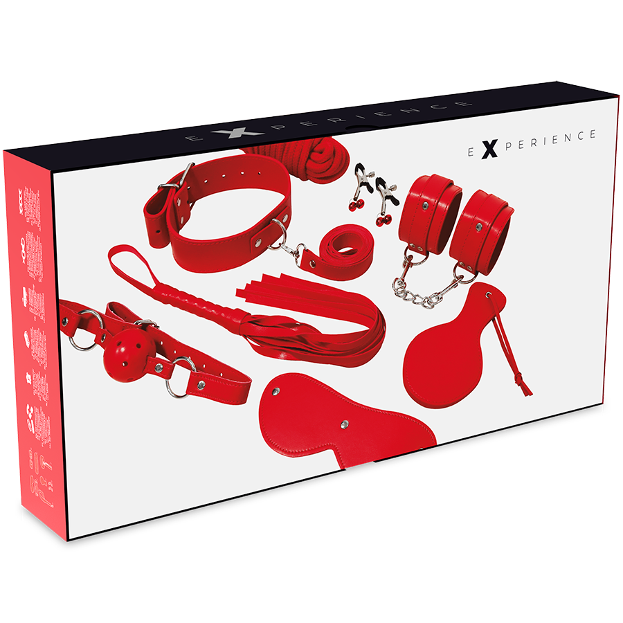 Kit de fetiches BDSM de la serie Red de la marca EXPERIENCE, con látigos, esposas y accesorios para juegos eróticos.