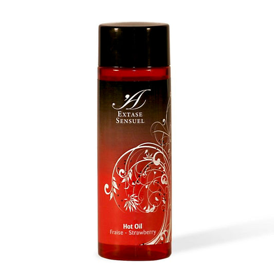 EXTASE SENSUAL strawberry warming stimulating oil in a 100 ml bottle, featuring a vibrant design and easy-to-use cap.