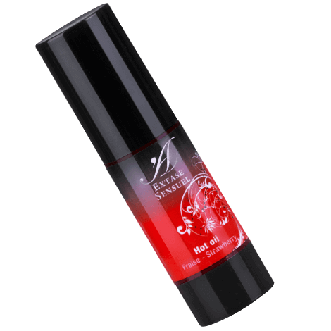 EXTASE SENSUAL stimulating oil in strawberry flavor, 30ml bottle with a sleek design and vibrant label.