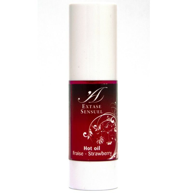 EXTASE SENSUAL strawberry warming oil 30ml bottle with a vibrant red label and sleek design on a white background.