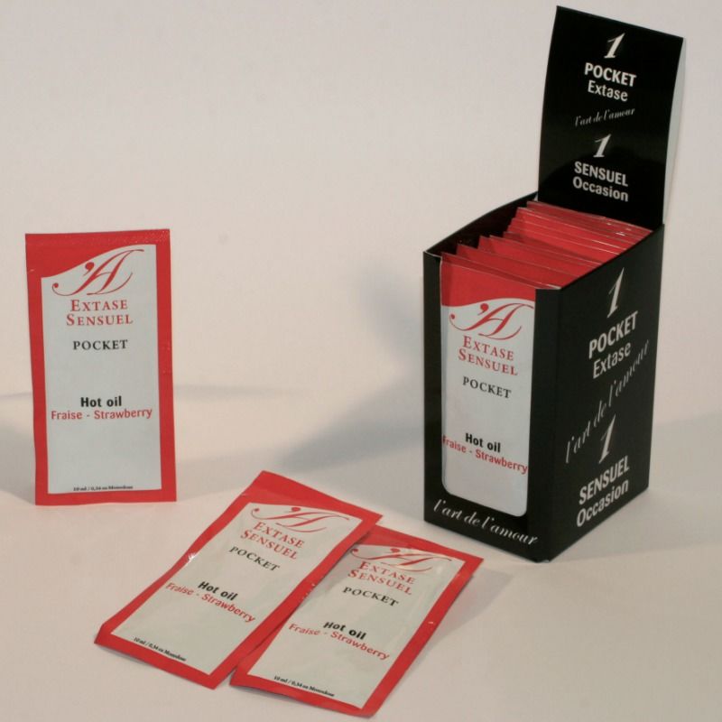 Aceite estimulante de fresa EXTASE SENSUAL en botella de 10 ml, ideal para aumentar la sensibilidad y placer.
