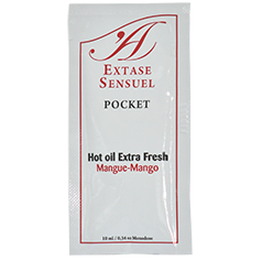 EXTASE SENSUAL mango stimulating oil in a 10ml bottle with a vibrant label and a dropper cap, set against a neutral background.