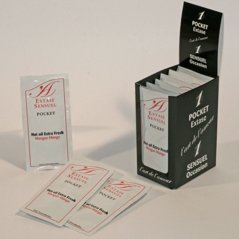 EXTASE SENSUAL mango stimulating oil in a 10 ml bottle, showcasing a vibrant design and rich color.