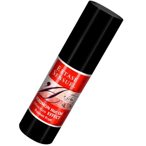 EXTASE SENSUAL massage oil with pheromones, passion fruit scent, 30 ml bottle with warm effect, displayed on a soft background.