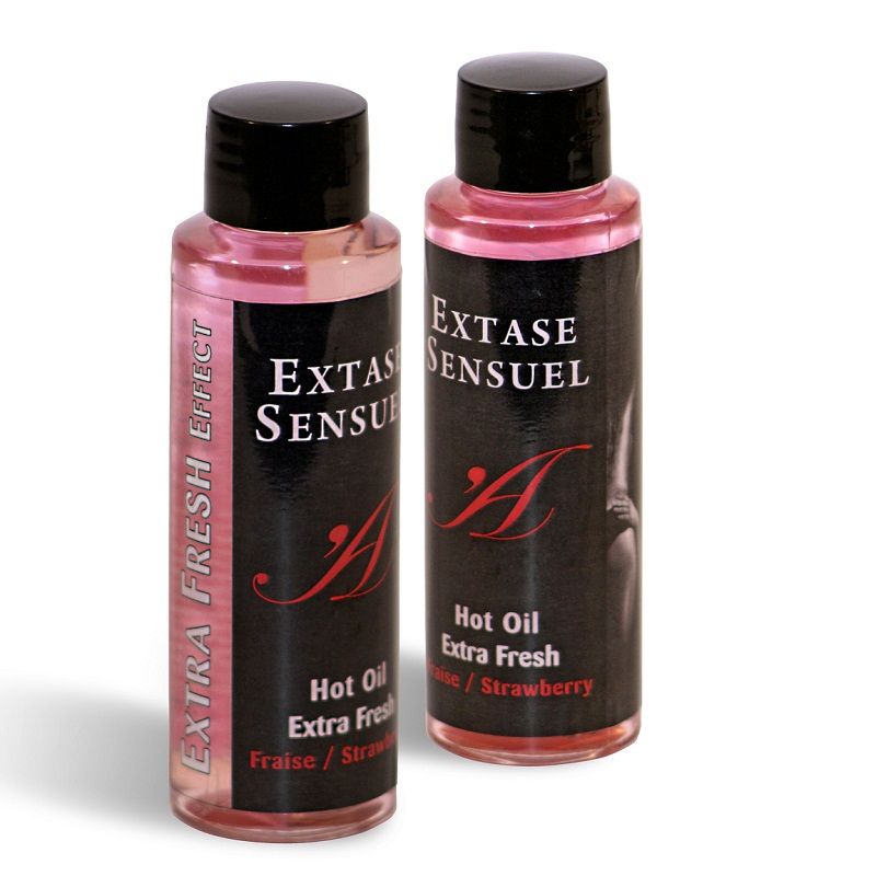 EXTASE SENSUAL extra fresh strawberry massage oil in a 100ml bottle, featuring vibrant packaging and a sleek design.