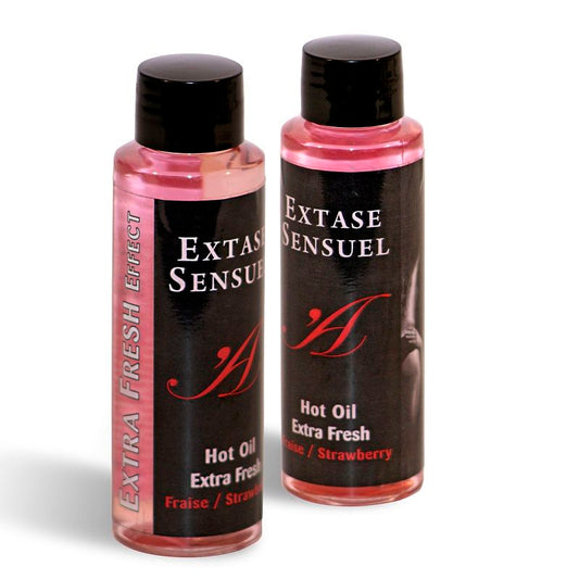 EXTASE SENSUAL extra fresh strawberry massage oil in a 100ml bottle, featuring vibrant packaging and a sleek design.