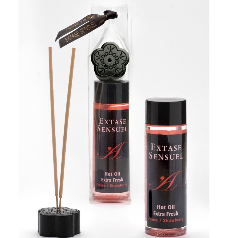 EXTASE SENSUAL extra fresh strawberry massage oil 100 ml bottle with a vibrant label and a sleek design.