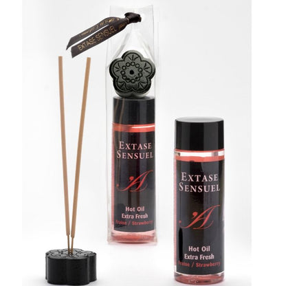 EXTASE SENSUAL extra fresh strawberry massage oil 100 ml bottle with a vibrant label and a sleek design.