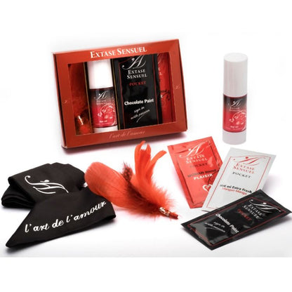 EXTASE SENSUAL travel sensual gift set featuring elegant packaging and assorted intimate items for romantic experiences.