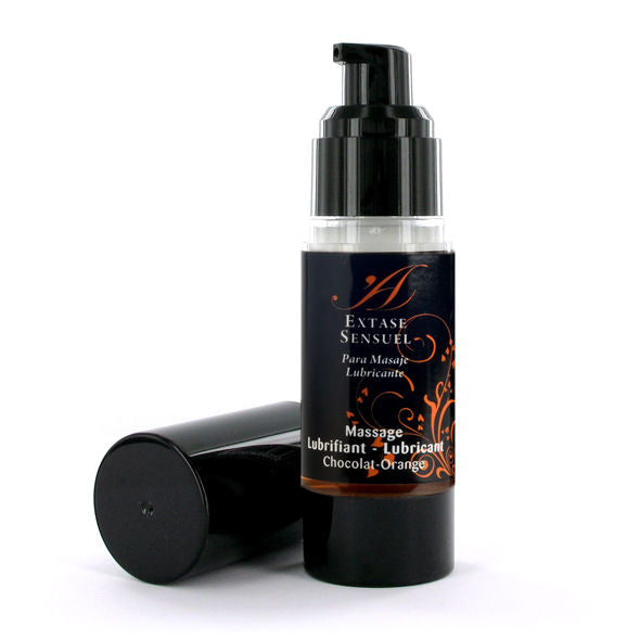 EXTASE SENSUAL chocolate and orange lubricant in a 30 ml bottle, featuring a sleek design and vibrant label.