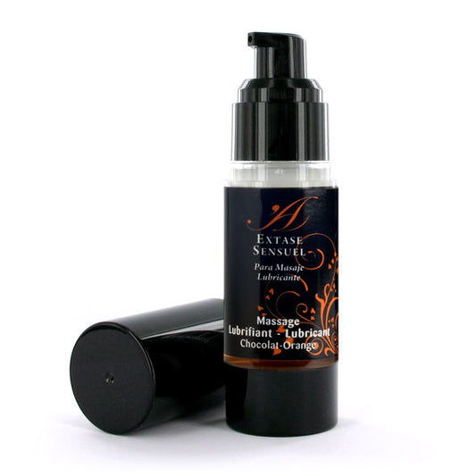 EXTASE SENSUAL chocolate and orange lubricant in a 30 ml bottle, featuring a sleek design and vibrant label.