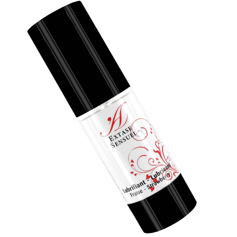EXTASE SENSUAL strawberry lubricant 100 ml bottle with a vibrant pink label and sleek design on a neutral background.