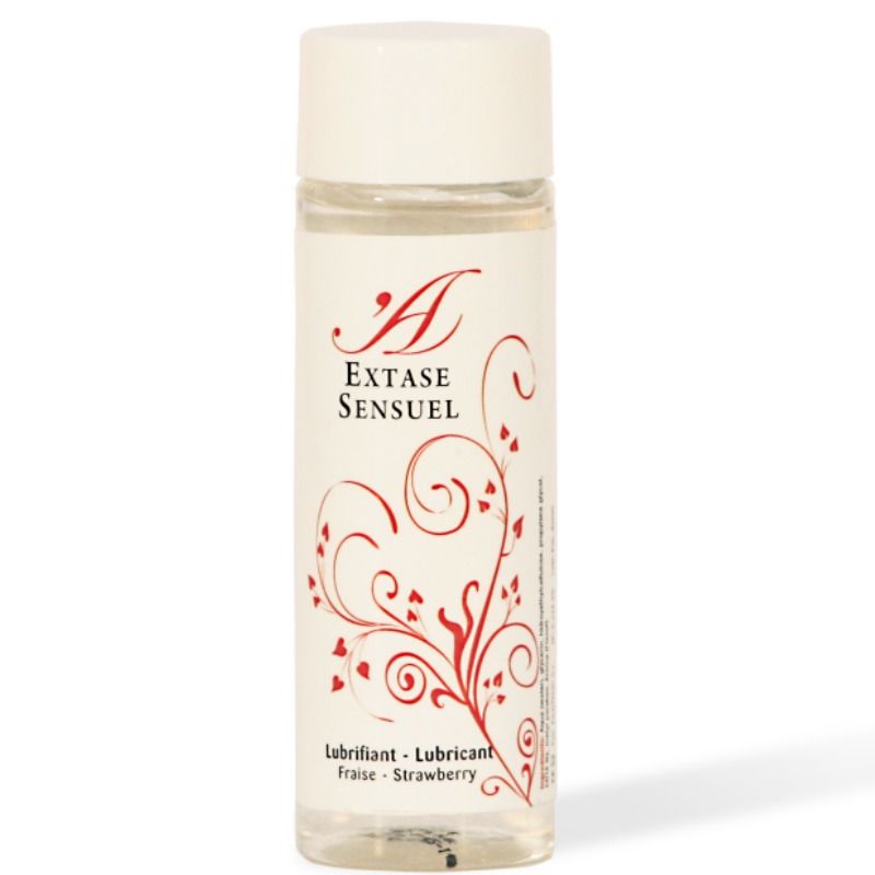 EXTASE SENSUAL strawberry lubricant in a 100 ml bottle, featuring a vibrant red design and easy-to-use cap.