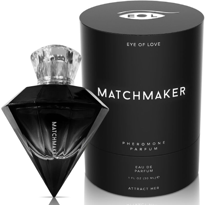 Perfume EYE OF LOVE Matchmaker Black Diamond con feromonas para él, frasco de 30 ml, envase elegante y moderno.